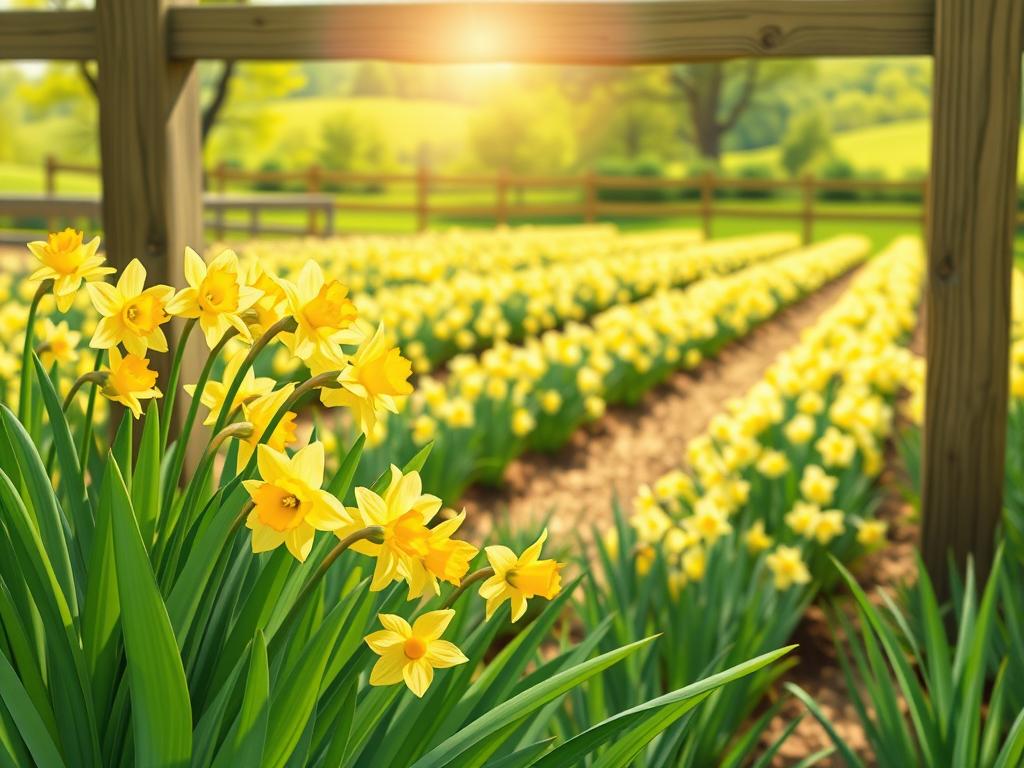 A vibrant spring garden, sunlight filtering through daffodils in full bloom. In the foreground, a cluster of delicate yellow flowers with lush green foliage, their petals gently swaying in a soft breeze. The middle ground reveals rows of neatly tended daffodil beds, their orderly arrangement creating a sense of serene cultivation. In the background, a wooden fence frames the scene, beyond which a lush, verdant landscape unfolds, hinting at the broader context of this daffodil haven. The overall atmosphere is one of tranquility and natural abundance, inviting the viewer to immerse themselves in the gentle beauty of this springtime daffodil cultivation.