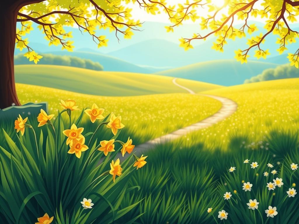 A vibrant spring landscape, dappled with warm sunlight. In the foreground, a cluster of delicate daffodils sway gently, their golden petals unfurling towards the sky. The flowers are nestled amidst lush, verdant foliage, creating a serene and inviting scene. In the middle ground, a winding path meanders through the daffodil-dotted meadow, inviting the viewer to explore. The background is filled with rolling hills and a hazy blue sky, adding depth and a sense of tranquility to the composition. The overall mood is one of quiet contemplation and the rejuvenating energy of the spring season.