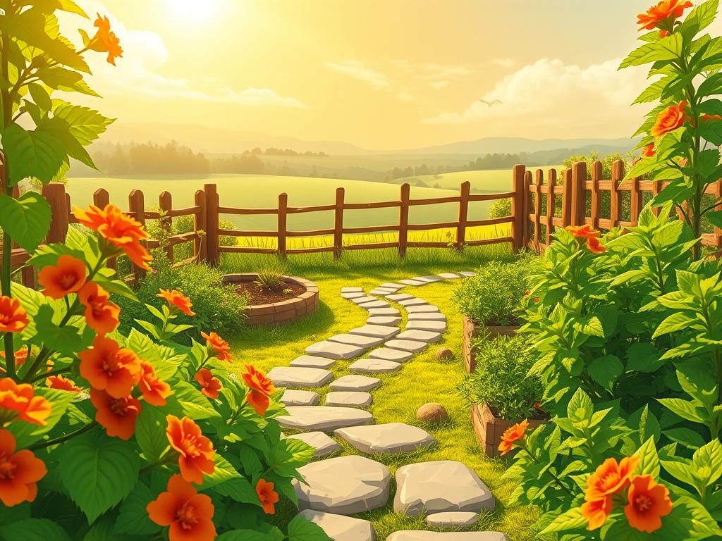 A vibrant, sun-dappled garden scene showcasing the ideal location for growing orange mint. In the foreground, lush green foliage with bright orange accents sways gently in a light breeze. The middle ground features a stone path winding through neatly arranged raised garden beds, inviting exploration. In the background, a wooden fence frames the scene, with a picturesque countryside landscape visible beyond. Warm, golden sunlight filters through wispy clouds, casting a soft, natural glow over the entire composition. The overall atmosphere is one of tranquility and inspiration, capturing the essence of the perfect spot to cultivate this refreshing herb.