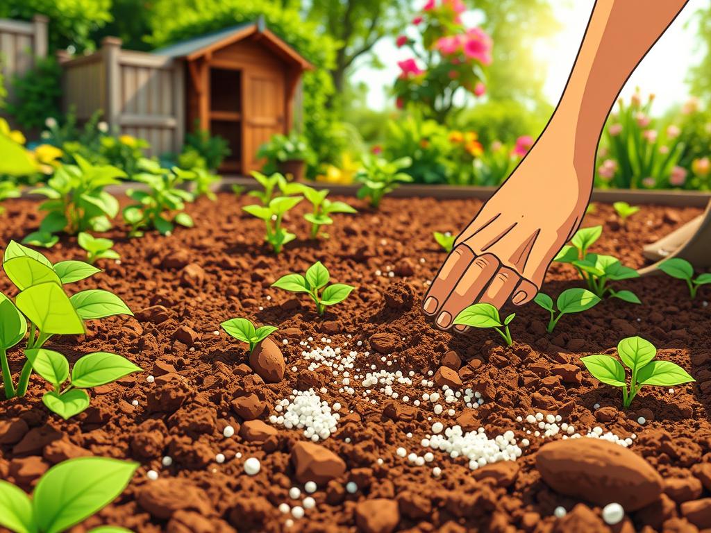 A vibrant, well-lit garden scene showcasing the benefits of perlite for soil drainage. In the foreground, a lush, verdant garden bed with healthy plants and a rich, crumbly texture. Perlite granules are clearly visible, interspersed throughout the soil, creating an airy, porous structure. In the middle ground, a gardener's hand gently tilling the soil, demonstrating the easy incorporation of perlite. The background features a bright, sun-dappled scene, with a wooden garden shed and blooming flowers in the distance, conveying a sense of thriving, well-drained garden vitality.