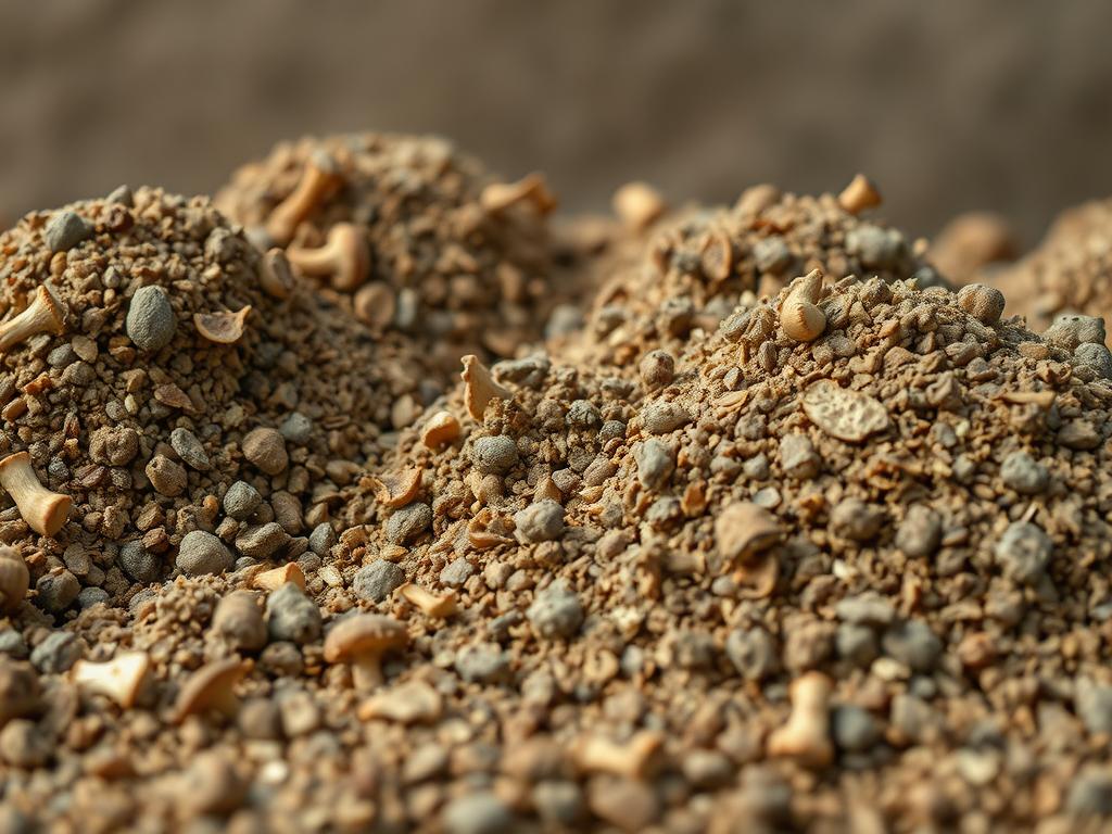 A weathered, used mushroom substrate in a rustic, earthy setting. Piles of damp, spent substrate in shades of brown and gray, with scattered mushroom stems and mycelial fragments. Soft, diffused natural lighting illuminates the textured surface, highlighting the granular structure and organic imperfections. The background features a neutral, muted palette, allowing the subject to take center stage. Captured from a low, slightly elevated angle to emphasize the detailed, tactile qualities of the spent substrate. An intimate, close-up view that invites the viewer to examine the intricate remnants of the mushroom cultivation process.
