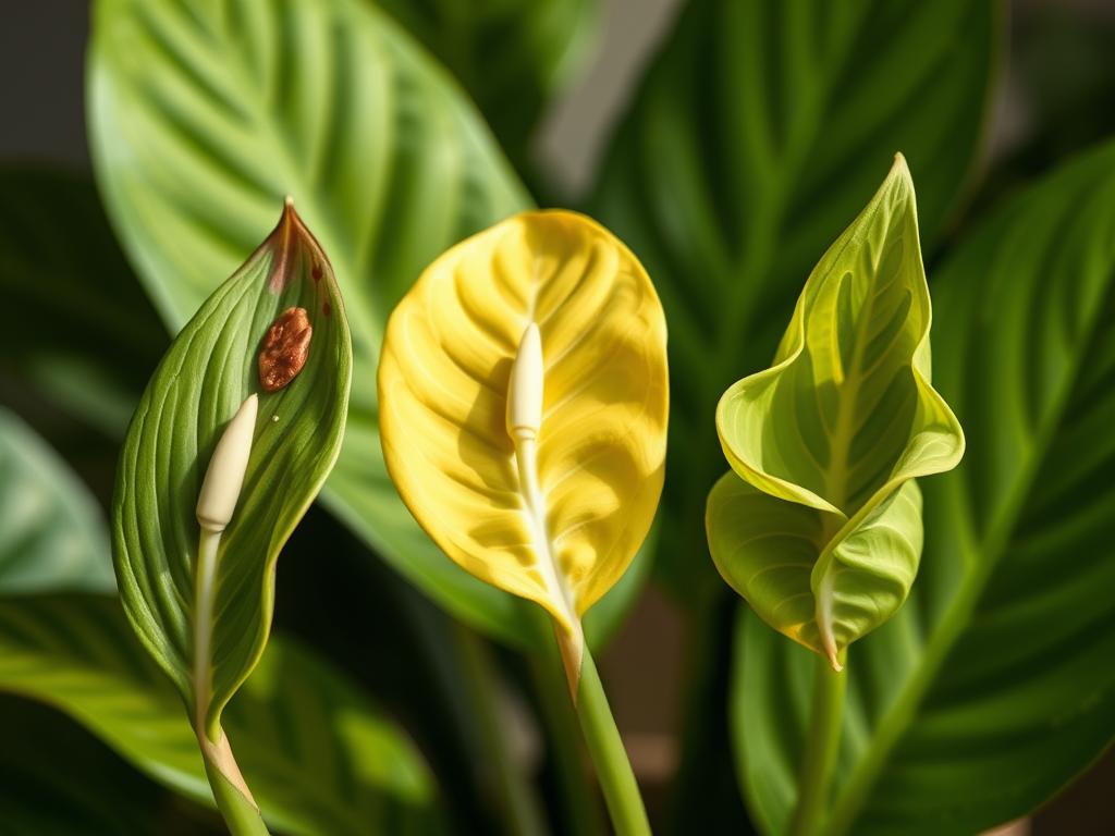 A well-lit close-up photograph of common anthurium care issues, including a withered leaf with brown spots, a yellowing leaf, and a leaf with curled edges, set against a soft, blurred background of lush green anthurium leaves. The lighting is natural and directional, creating depth and subtle shadows to emphasize the textures and details of the problematic leaves. The camera is positioned at a slight downward angle to capture the issues in an informative, educational manner, conveying a sense of care and attention to the plant's needs.