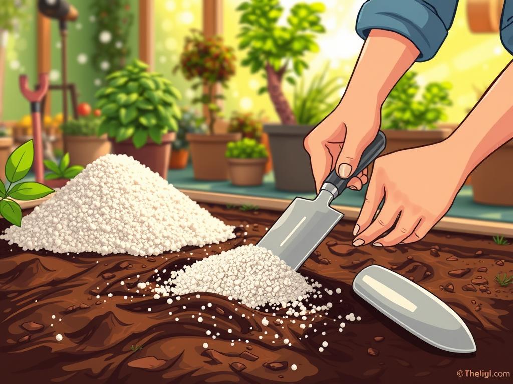 A well-lit, detailed scene depicting the process of mixing perlite into garden soil. In the foreground, gardener's hands carefully blending perlite into a rich, dark soil. Midground shows a pile of perlite and a garden trowel. Background features potted plants, garden tools, and a bright, sun-dappled backdrop, conveying a serene, productive atmosphere. The image should emphasize the importance of proper perlite incorporation for optimal plant growth, with a focus on the practical steps involved. Lighting should be natural and warm, with a slight depth of field to highlight the central action. Overall, the image should educate and inspire viewers on the benefits of using perlite in their gardens.
