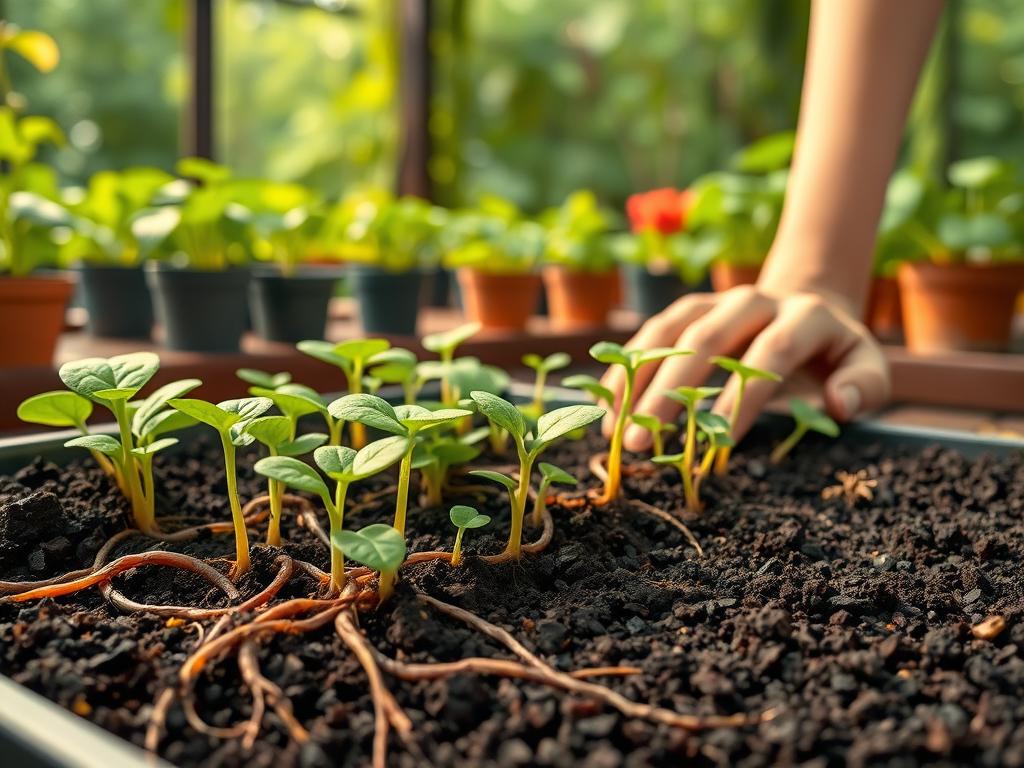 A well-lit gardening scene featuring a close-up of seedlings nestled in a tray, surrounded by lush green leaves and healthy soil. The foreground showcases the seedling roots intertwined with dark, rich worm castings, highlighting their organic integration. The middle ground displays a variety of potted plants and a hand gently tending to the tray, conveying the nurturing process. The background depicts a serene, natural setting with vibrant greenery and soft, diffused lighting, creating a calming, earthy atmosphere. The image captures the essence of using worm castings to nourish and support the growth of young seedlings.