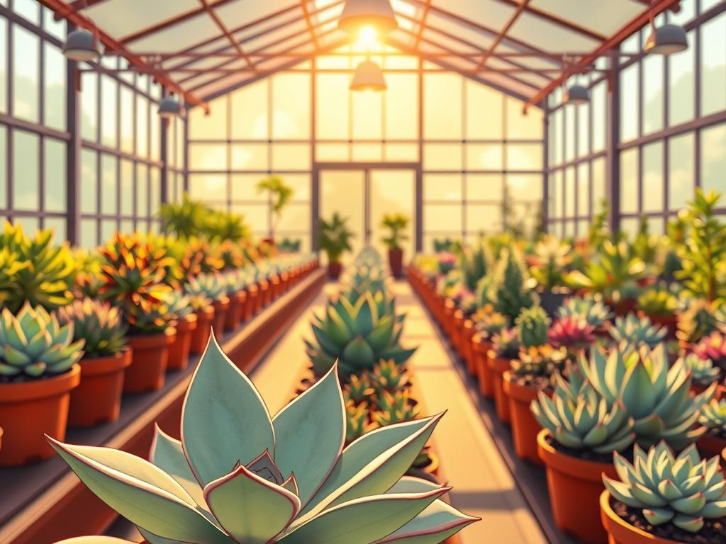 A well-lit greenhouse interior, sun streaming through large windows illuminating rows of potted succulents. Soft, diffused lighting from overhead fixtures casts a warm glow, highlighting the intricate textures and vibrant colors of the plants. In the foreground, a succulent displays its delicate leaves, catching the light and casting subtle shadows. The middle ground features a variety of succulents of different shapes and sizes, arranged harmoniously. The background showcases a clean, minimalist aesthetic, allowing the plants to be the true focal point. The overall scene conveys a sense of tranquility and an optimal environment for healthy, thriving succulents.