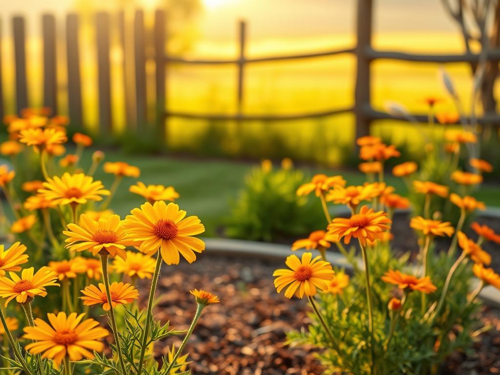 A well-tended coreopsis garden in golden hour sunlight. In the foreground, lush, vibrant coreopsis flowers in shades of yellow, orange, and red sway gently in a soft breeze. The middle ground features neatly mulched garden beds with healthy, green foliage. In the background, a wooden fence partially obscures a tranquil, pastoral scene. Soft, diffused lighting creates a warm, inviting atmosphere. The image is captured with a shallow depth of field, drawing the viewer's eye to the stunning, colorful blooms. This scene exemplifies the beauty and easy maintenance of coreopsis, a perfect perennial for any sunny garden.
