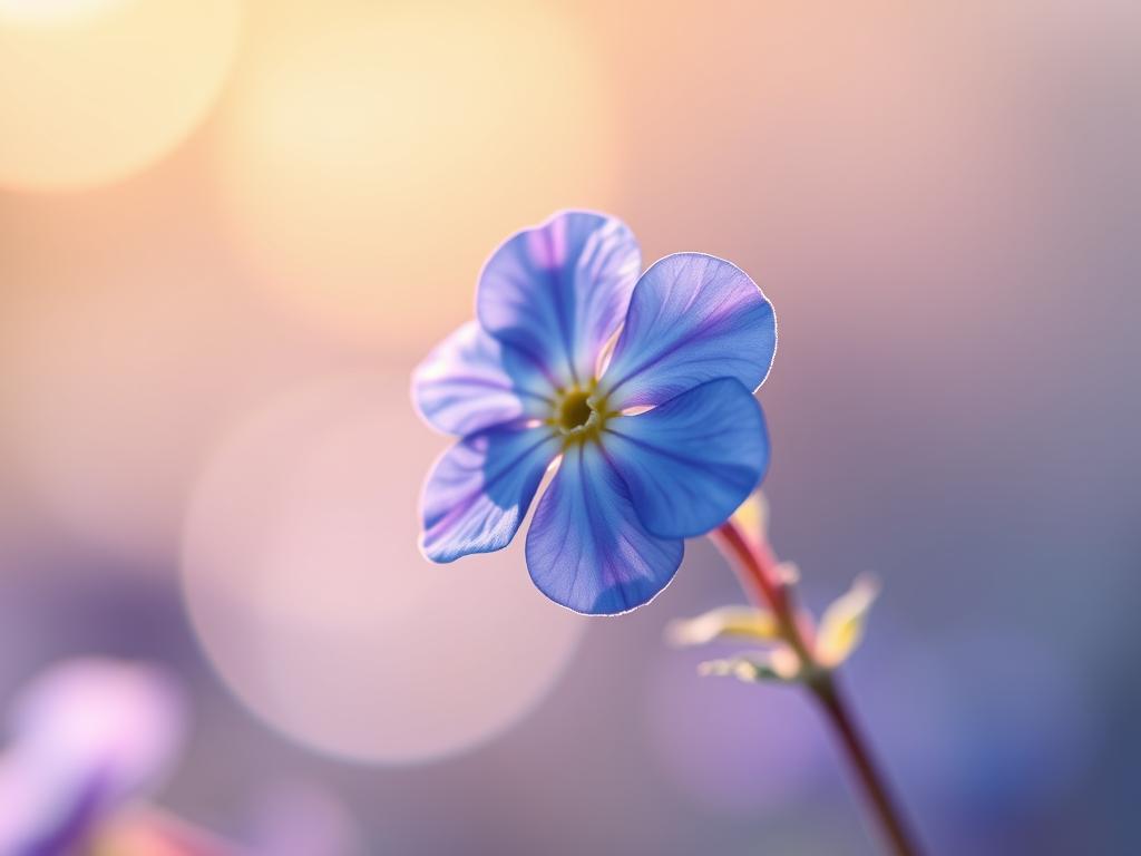 Alzheimer's awareness emblem featuring a delicate forget-me-not flower blooming amidst a soft, hazy background. The flower's intricate petals are rendered in vivid blues and purples, symbolizing the fragility and resilience of those affected by the disease. Backlighting casts a warm, ethereal glow, creating a pensive, reflective mood. The design is minimalist yet impactful, capturing the essence of the forget-me-not's meaning - a poignant reminder to never forget those living with Alzheimer's. Captured through a high-resolution, macro lens for maximum detail and emotional impact.