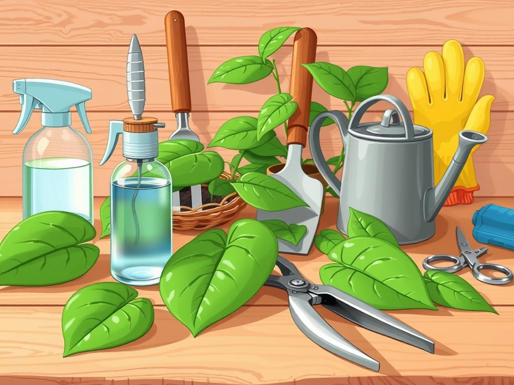 An assortment of plant care tools meticulously arranged on a clean, wooden surface. In the foreground, a set of pruning shears with sharp, stainless steel blades glistens under soft, natural lighting. Beside them, a small, hand-held spray bottle filled with water reflects the scene. In the middle ground, a trowel with a sturdy, wooden handle and a long-handled watering can with a gentle spray pattern stand ready. In the background, a pair of gardening gloves and a small pair of scissors complete the scene, creating a harmonious display of the essential tools needed for caring for a thriving pothos plant.