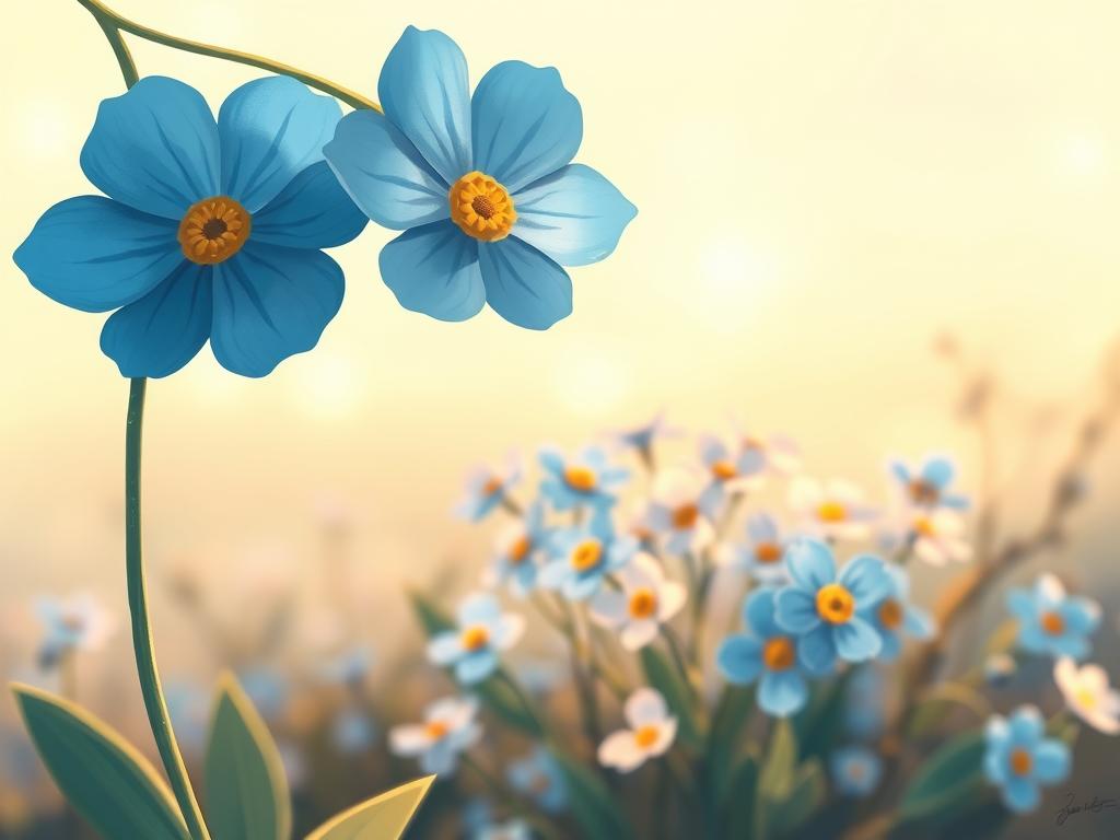 An enchanting interpretation of the forget-me-not flower, bathed in a warm, ethereal light. In the foreground, delicate blue petals unfurl, their centers a captivating golden hue. Flowing lines and whimsical brushstrokes evoke a sense of dreamlike beauty. The middle ground features a medley of forget-me-not blooms, their colors softly blending together in a harmonious display. In the background, a hazy, atmospheric landscape sets the stage, with hints of natural elements like leaves or branches adding depth and texture. The overall mood is one of serene contemplation, inviting the viewer to pause and appreciate the symbolic significance of this beloved floral motif.