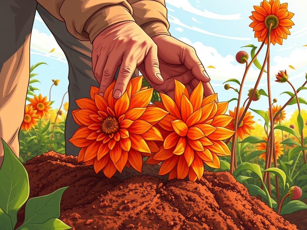 Autumn afternoon, warm sunlight filtering through wispy clouds. A gardener's calloused hands gently lift dahlia tubers from the rich, loamy soil. Vibrant orange-red tubers, freshly unearthed, glisten with moisture. Carefully, they are inspected for size and health, ready to be stored for the winter ahead. In the background, verdant foliage and spent dahlia stalks sway in a gentle breeze, a bittersweet signal of the changing seasons. The scene conveys the timing and care required to properly harvest these magnificent flowers, preparing them for their dormant rest and the promise of future blooms.