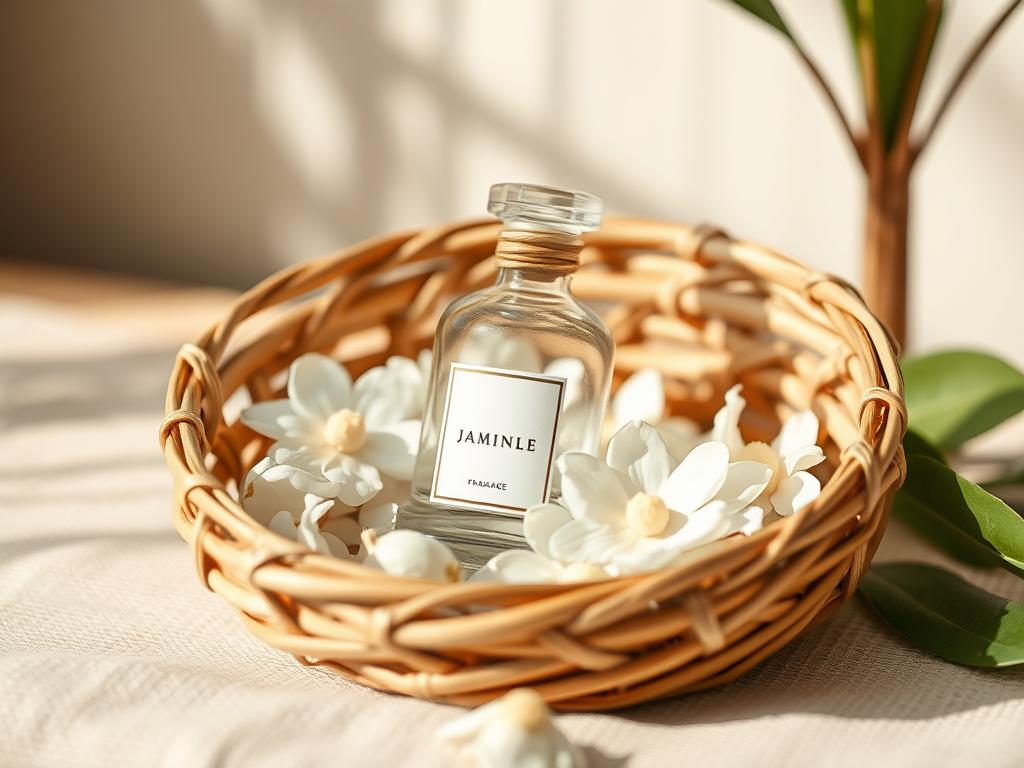 Eco-friendly fragrance packaging: a delicate glass bottle nestled in a hand-woven bamboo container, adorned with pressed jasmine blossoms. Soft, natural lighting illuminates the organic textures, creating a serene, spa-like ambiance. The overall composition evokes a sense of thoughtful craftsmanship and botanical elegance, in harmony with the captivating floral scent within. A high-quality macro lens captures the intricate details, drawing the viewer into the care and artistry behind this captivating fragrance.