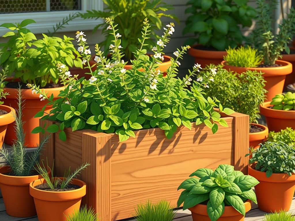 Lush and thriving herb garden containers, bathed in warm, golden sunlight. A wooden planter box sits prominently, overflowing with fragrant Greek oregano, its vibrant green leaves and delicate flowers casting playful shadows. Surrounding it, a collection of terra cotta pots brimming with a variety of herbs - rosemary, thyme, and basil - their distinct aromas mingling in the gentle breeze. The containers are arranged harmoniously, creating a visually striking and inviting outdoor setting, perfect for cultivating and celebrating the bounty of a homegrown herb garden.