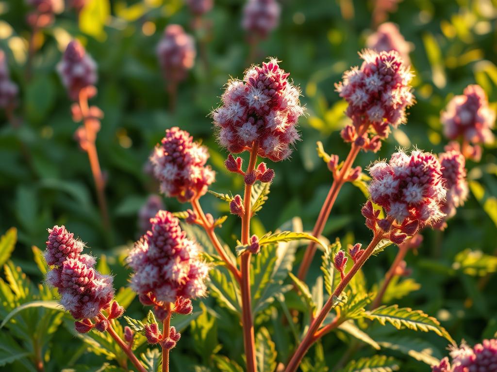 Vibrant chocolate-hued Joe Pye weed, its clusters of soft, fuzzy flowers blooming amidst lush green foliage. Capture the plant's unique texture and form - the gently arching stems, the broad, serrated leaves, and the delicate, lavender-tinged blossoms. Illuminate the scene with warm, golden light, casting long shadows and highlighting the weed's captivating features. Angle the camera to showcase the plant's height and stature, creating a sense of scale and presence. Convey a sense of tranquility and natural beauty, inviting the viewer to appreciate the weed's subtle, yet striking, aesthetic charm.