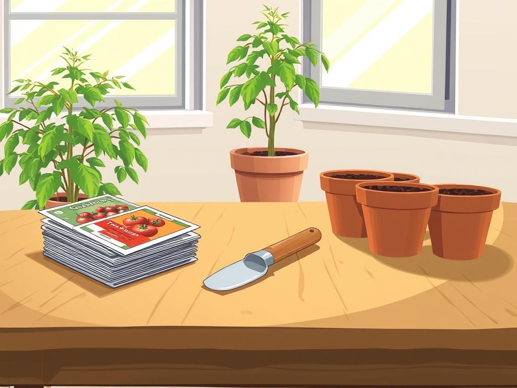 A bright, airy indoor setting with a wooden table in the foreground. On the table, a stack of seed packets, a small trowel, and a few terracotta pots filled with dark, nutrient-rich soil. Gentle, diffused lighting from a nearby window illuminates the scene, casting soft shadows. In the background, a lush green houseplant or two, adding a touch of nature to the composition. The overall mood is one of calm, focused preparation - the first steps in the journey of growing delicious, homegrown tomatoes from seed.
