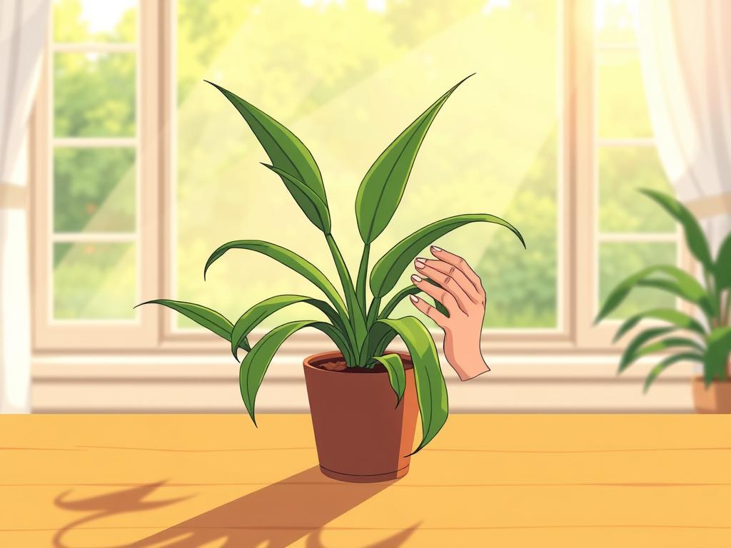 A bright, well-lit room with a large window overlooking a lush garden. In the foreground, a potted snake plant stands on a wooden table, its leaves casting long shadows on the surface. The plant appears slightly wilted, indicating a potential light issue. In the middle ground, a person's hands are gently inspecting the plant, examining the leaves and soil for signs of distress. The background is softly blurred, creating a sense of focus on the plant and the troubleshooting process. The lighting is natural, with warm, diffused sunlight filtering in through the window, creating a soothing, contemplative atmosphere.