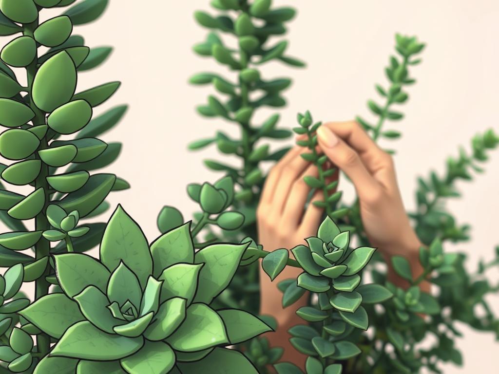 A close-up, evenly lit scene showcasing the dos and don'ts of caring for a tall, leafy succulent plant. In the foreground, lush green succulent leaves sprawl across the frame, their intricate textures and patterns clearly visible. The midground features two hands gently tending to the plant, demonstrating proper watering and pruning techniques. The background is a softly blurred, neutral-toned setting, allowing the succulent and hands to be the focal points. The overall mood is one of calm, informative guidance, conveying the essential tips for maintaining the health and vibrancy of this indoor plant variety.