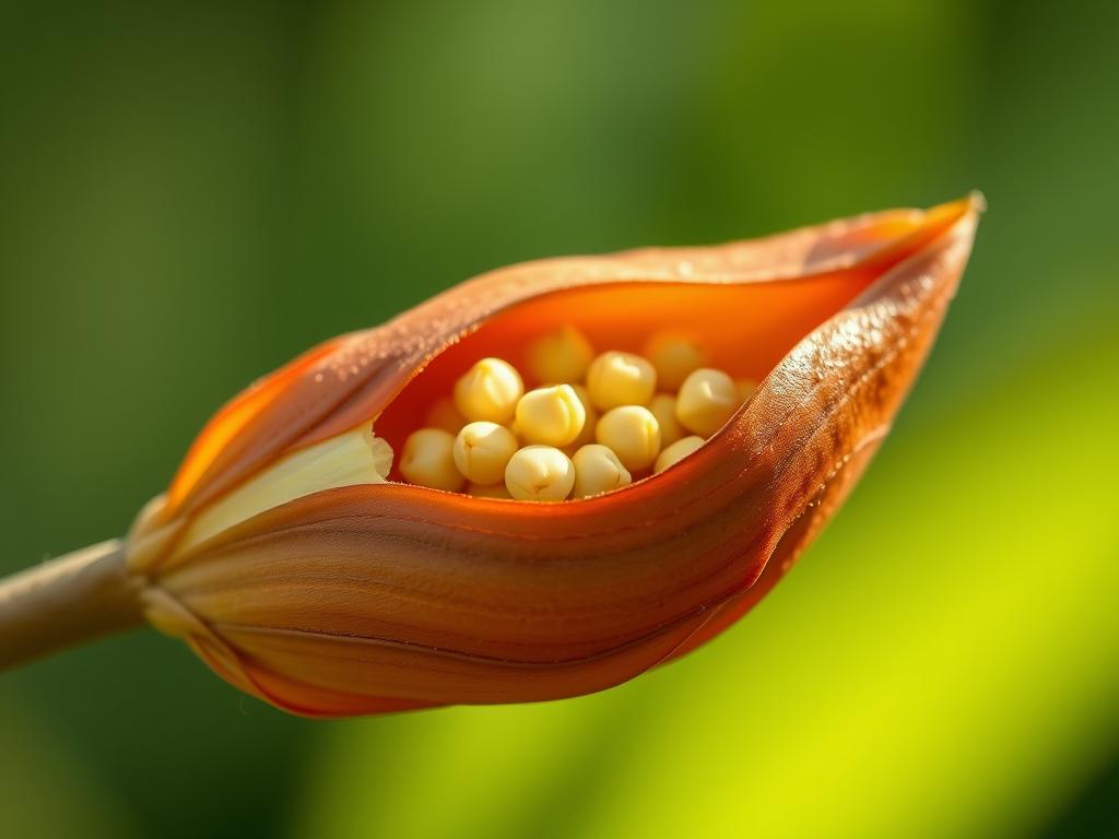 A close-up shot of a daylily seed pod, its brown leathery exterior opened to reveal the delicate, pale-yellow seeds nestled within. The background is slightly blurred, adding focus to the seed pod's intricate structure. Soft, diffused lighting from the side illuminates the subtle textures and shadows, creating a sense of depth and dimension. The overall mood is one of gentle curiosity and the wonder of nature's small, yet intricate, workings.