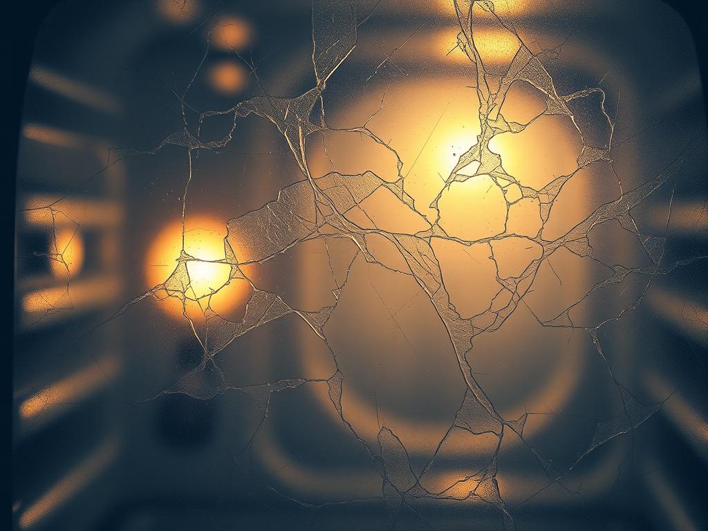 A close-up shot of an oven door with the glass panel in focus, illuminated by a soft, diffused lighting that accentuates the intricate patterns of baked-on grease and grime. The glass appears heavily soiled, with stubborn stains and a cloudy, hazy appearance. The background is slightly blurred, creating a sense of depth and emphasizing the dirty glass panel as the primary subject. The composition should convey a sense of the need for a thorough, deep cleaning process to restore the oven glass to its original sparkling clarity.