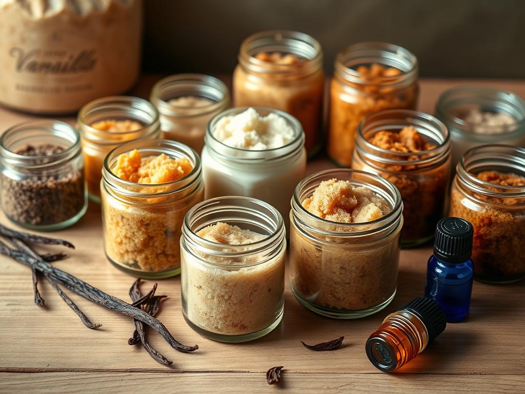 A close-up still life shot of an assortment of small glass jars filled with homemade sugar scrubs in various shades of brown, cream, and amber. The jars are arranged on a plain wooden surface, with a few scattered sprigs of fresh vanilla bean pods and leaves, along with a few small glass bottles of essential oils in amber and cobalt blue hues. The lighting is soft and diffused, creating gentle shadows and highlights that accentuate the natural textures and colors of the ingredients. The overall mood is warm, inviting, and artisanal, showcasing the handcrafted nature of the DIY sugar scrub products.