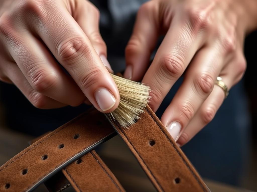A close-up view of a pair of hands gently cleaning suede leather straps with a soft bristle brush, revealing the rich texture and natural grains of the material. Bright, even lighting illuminates the scene, highlighting the delicate movements and the subtle interplay of shadows. The background is blurred, keeping the focus solely on the hands and the intricate details of the leather. The resulting image conveys a sense of care, attention to detail, and the importance of properly maintaining high-quality leather goods.