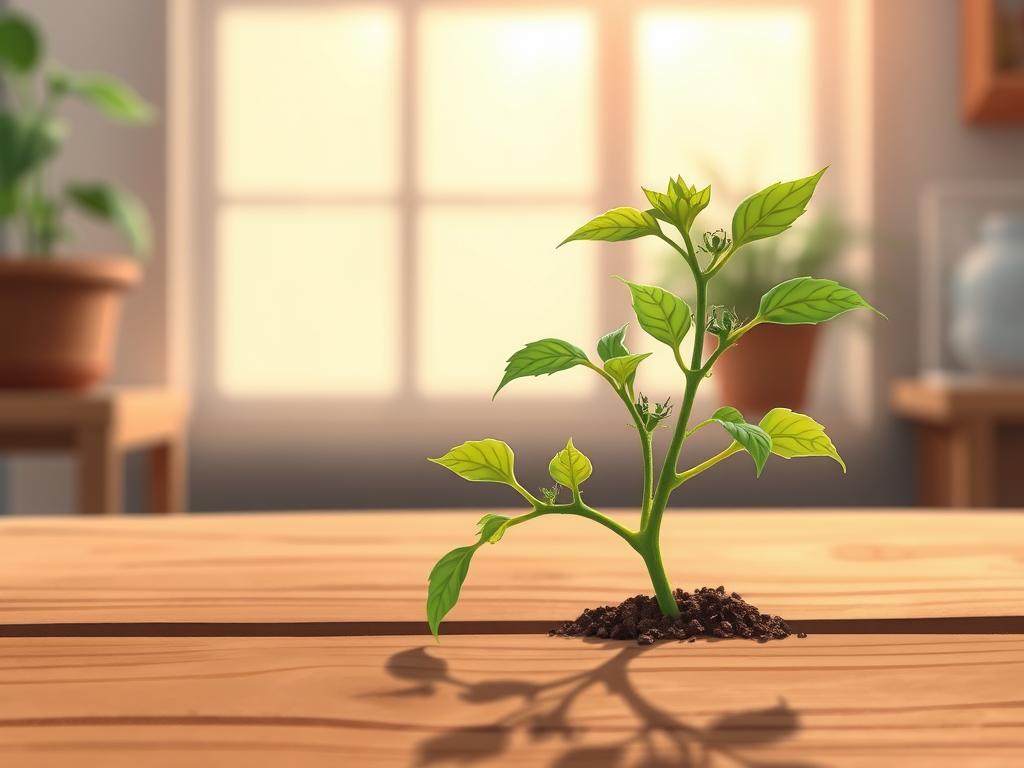 A close-up view of a tomato seedling on a wooden table, illuminated by soft, natural light filtering through a nearby window. The seedling's delicate leaves and stem are the focal point, with details like slight discoloration, wilting, or insect damage visible. The background is blurred, allowing the viewer to focus on the seedling and the issue at hand. The composition is balanced, with negative space creating a sense of simplicity and thoughtfulness. The overall mood is one of careful observation and problem-solving, inviting the viewer to closely examine the seedling and consider potential solutions.