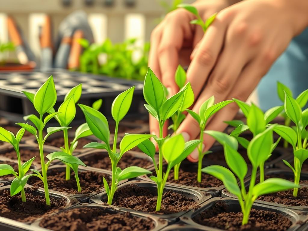 A close-up view of vibrant green jalapeño seedlings emerging from the soil, their delicate leaves unfurling in the soft, diffused light. In the middle ground, a gardener's hands tenderly transplanting the seedlings into individual pots, taking great care to preserve the fragile root systems. The background features a neatly organized seed tray and a selection of gardening tools, conveying a sense of diligence and attention to detail. The overall scene exudes a sense of nurturing growth, with a touch of earthy, natural tones that complement the vibrant green hues of the plants.