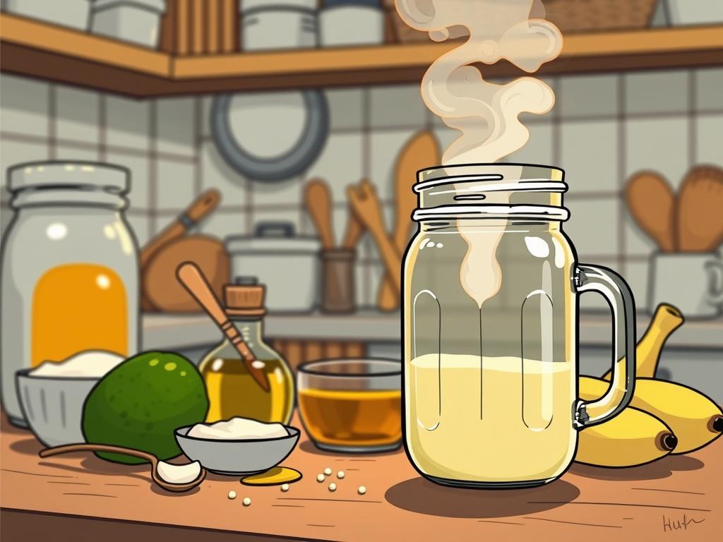 A cozy kitchen countertop with an array of natural ingredients - avocado, honey, olive oil, yogurt, and banana. In the foreground, a mason jar filled with a homemade hair mask mixture, with steam rising from it. Warm, diffused lighting illuminates the scene, creating a soothing, inviting atmosphere. In the background, glimpses of simple kitchen utensils and tools, suggesting the ease and accessibility of these DIY hair treatments. The composition highlights the natural, wholesome nature of the ingredients, conveying the idea of a quick, effective, and nourishing hair care solution.