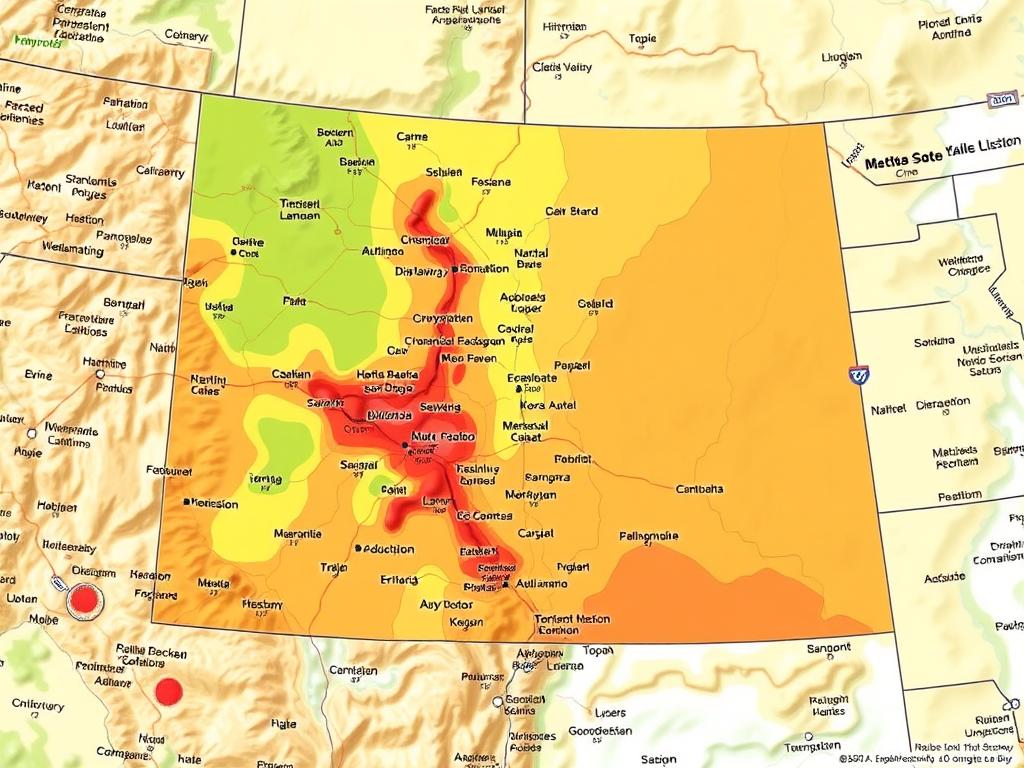 A detailed, high-resolution image of the USDA plant hardiness zone map, with a clear focus on the state of Colorado. The map should be presented in a realistic, scientific style, with accurate color-coding and detailed geographic features such as state boundaries, major cities, and topographical elements. The lighting should be natural and diffused, creating a sense of depth and dimensionality. The camera angle should be slightly elevated, providing a clear, comprehensive view of the map. The overall mood should be informative and educational, reflecting the subject matter and the intended use in the article.