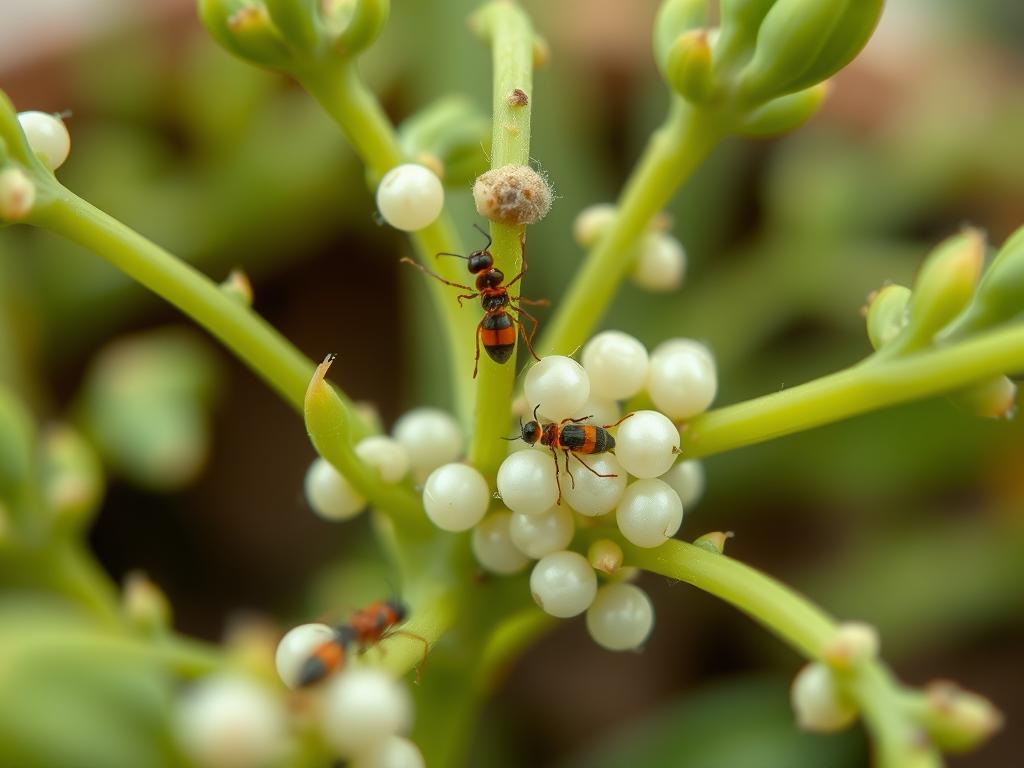 A detailed macro photograph of a string of pearls plant infested with a common pest, showcasing the affected leaves and pearls. The image should be captured with natural lighting and a shallow depth of field, bringing the pests into sharp focus while softly blurring the background. Render the infestation in a realistic and scientific manner, highlighting the identifying features of the pest, such as its size, color, and behavior. Convey a sense of concern and the need for effective pest management strategies, without exaggeration or sensationalism.