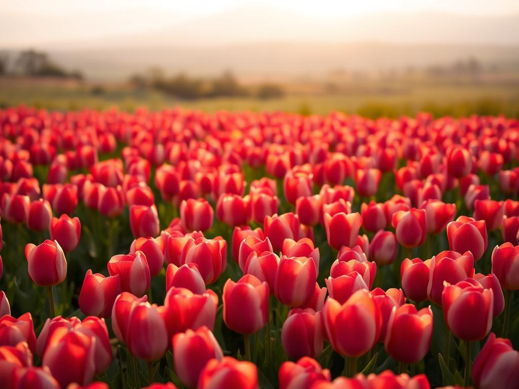 A field of vibrant tulips in full bloom, basking in the warm, golden glow of the sun. The tulips' petals are delicately unfurled, showcasing their rich, velvety textures and striking color gradients, ranging from deep crimson to soft pastel hues. The foreground is a captivating sea of tulips, meticulously arranged in symmetrical rows, creating a mesmerizing visual harmony. In the middle ground, the tulips gently sway in a light breeze, adding a sense of movement and liveliness to the scene. The background features a hazy, out-of-focus landscape, allowing the tulips to take center stage and command the viewer's attention. The overall composition evokes a sense of tranquility, beauty, and the fleeting nature of the tulip bloom's peak.