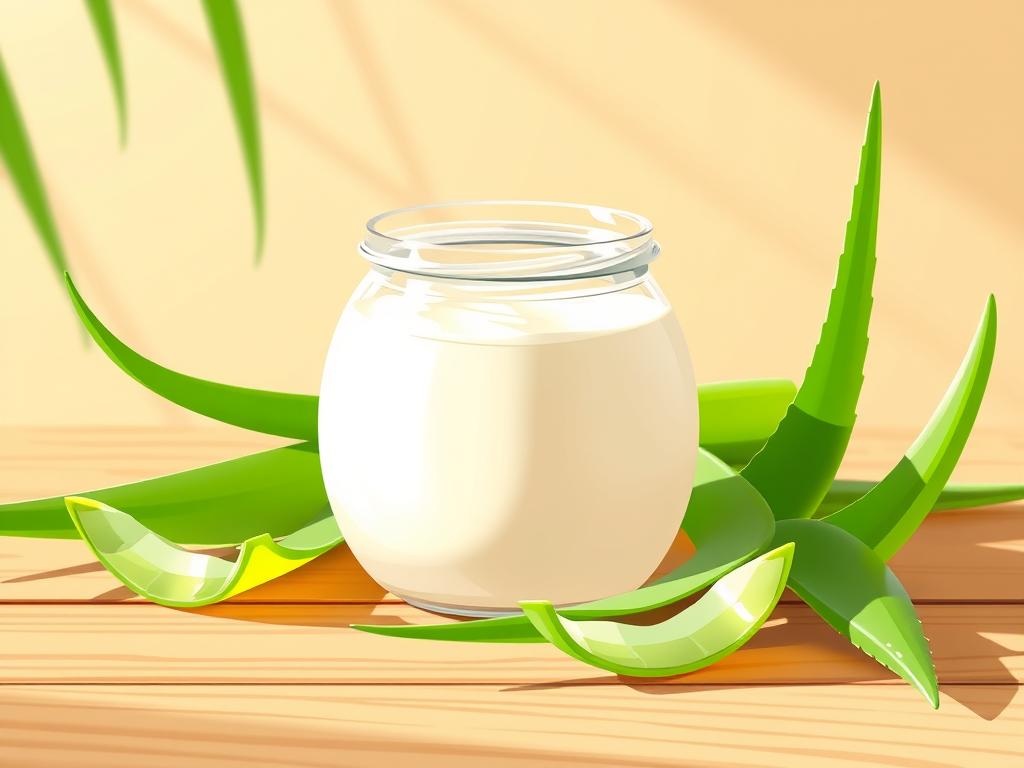 A glass jar filled with creamy, organic coconut oil sits atop a wooden surface, surrounded by fresh aloe vera leaves. Soft, warm lighting casts a natural glow, highlighting the translucent green aloe and the glossy, vibrant oil. The composition is simple yet elegant, with a serene, spa-like atmosphere. The image conveys a sense of purity, nourishment, and the beauty of natural ingredients for a glowing, healthy complexion.