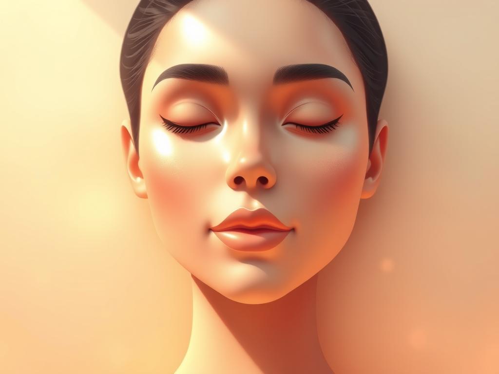 A glowing, radiant face emerges from a soft, ethereal background. The skin appears hydrated, nourished from within, with a healthy, dewy glow. Subtle highlights accentuate the curves and contours, creating a sense of depth and dimension. The lighting is warm and diffused, casting a gentle, natural-looking illumination. The composition is balanced, with the face filling the frame and occupying a central position. The overall mood is one of tranquility, inner wellness, and a natural, effortless beauty.