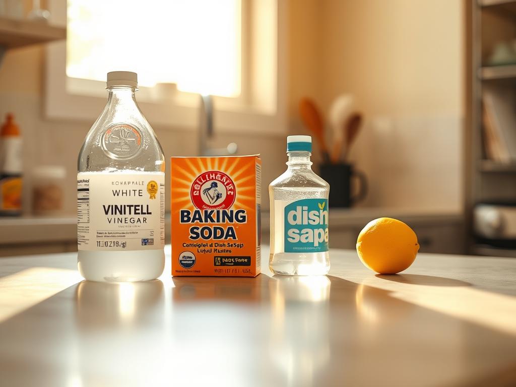 A kitchen countertop is bathed in warm, natural light. On the surface, various ingredients for a homemade weed killer are neatly arranged - a bottle of white vinegar, a box of baking soda, a container of liquid dish soap, and a citrus fruit, perhaps a lemon or an orange. The items are positioned as if ready to be mixed and combined, hinting at the DIY concoction that will be created. The composition has a clean, minimalist aesthetic, with the ingredients taking center stage against a subtly blurred background. The overall mood is one of practicality and effectiveness, reflecting the purpose of the weed killer solution.