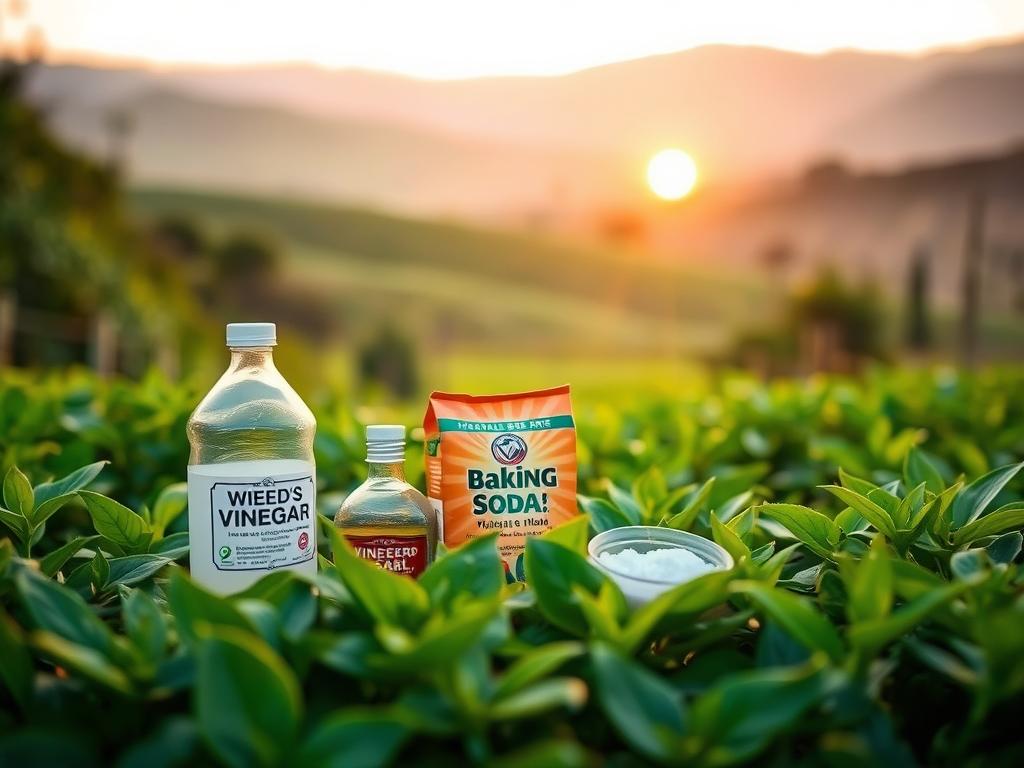 A lush garden setting, with vibrant green foliage in the foreground. In the middle ground, various natural weed killer solutions are displayed, including vinegar, baking soda, and salt. The background features a serene landscape with rolling hills and a warm, golden sunset glow. The lighting is soft and diffused, creating a natural, organic feel. The composition is balanced, with the weed killer solutions taking center stage. The overall mood is one of effectiveness and sustainability, showcasing the power of natural solutions to combat unwanted plant growth.