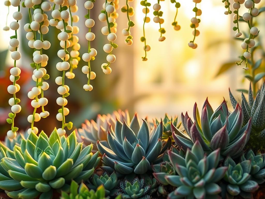 A lush, harmonious arrangement of a string of pearls plant cascading gracefully down, its delicate spherical leaves gently reflecting the warm afternoon light. In the foreground, the pearls are complemented by vibrant, textured succulents in shades of green, gray, and purple, creating a visually striking contrast. The middle ground showcases the interplay of shapes and textures, while the background is softly blurred, allowing the focal point to shine. The overall scene exudes a sense of tranquility and natural beauty, inviting the viewer to appreciate the captivating pairing of these complementary plants.