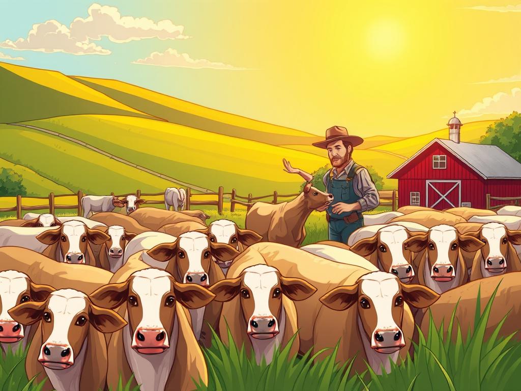A lush, idyllic farm setting, with a herd of healthy, well-cared-for livestock in the foreground. In the middle ground, a farmer carefully examining a breeding pair, their expressions thoughtful and engaged. The background features rolling hills, a red barn, and a cloudless blue sky bathed in warm, golden sunlight. The scene conveys a sense of harmony, tradition, and a deep understanding of the strategic importance of selective breeding practices to improve livestock quality and productivity. The overall tone is one of peaceful, purposeful stewardship.