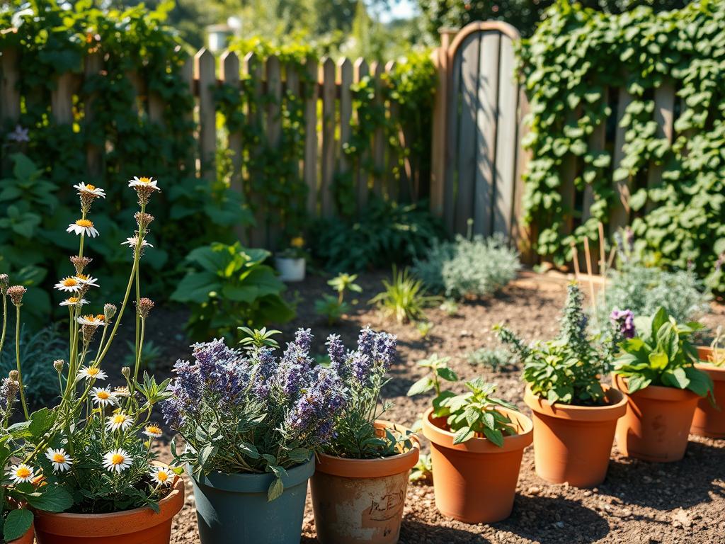 A lush, sun-dappled garden scene showcasing alternative natural weed control methods. In the foreground, a variety of potted plants and herbs - chamomile, lavender, and mint - strategically placed to repel weeds. The middle ground features a tidy vegetable patch, the soil enriched with organic compost. In the background, a quaint wooden fence is draped with climbing vines, creating a sense of peaceful seclusion. Soft, warm lighting illuminates the scene, casting gentle shadows and highlighting the vibrant greenery. The overall atmosphere conveys a harmonious balance between cultivated and wild elements, demonstrating the beauty and effectiveness of eco-friendly weed management.