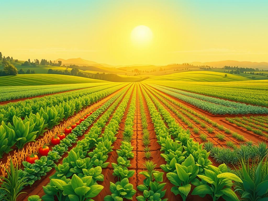 A lush, verdant farmland stretches out under a warm, golden sun. In the foreground, a diverse array of crops sway gently in the breeze - vibrant vegetables, towering grains, and leafy greens, all arranged in a meticulously planned pattern. The middle ground reveals the intricate network of irrigation channels and raised beds, a testament to the farmer's understanding of soil health and nutrient cycling. In the distance, rolling hills dotted with trees create a picturesque backdrop, hinting at the larger ecosystem in which this crop rotation system is integrated. The scene exudes a sense of harmony and sustainability, inviting the viewer to appreciate the delicate balance that underpins a thriving, productive farm.