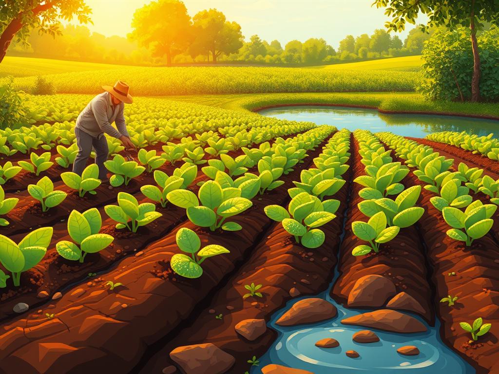 A lush, verdant farmland with a focus on soil health and water management. In the foreground, a farmer carefully tending to the rich, dark soil, adding organic amendments and monitoring moisture levels. In the middle ground, rows of thriving crops, their leaves glistening with dew, showcasing the benefits of sustainable farming practices. In the background, a serene pond or stream, its surface reflecting the sky, symbolizing the integrated water management system. Warm, golden sunlight casts a gentle glow over the entire scene, conveying a sense of harmony and abundance. The composition emphasizes the interconnectedness of healthy soil, efficient water use, and productive agriculture, all within a picturesque, eco-friendly setting.