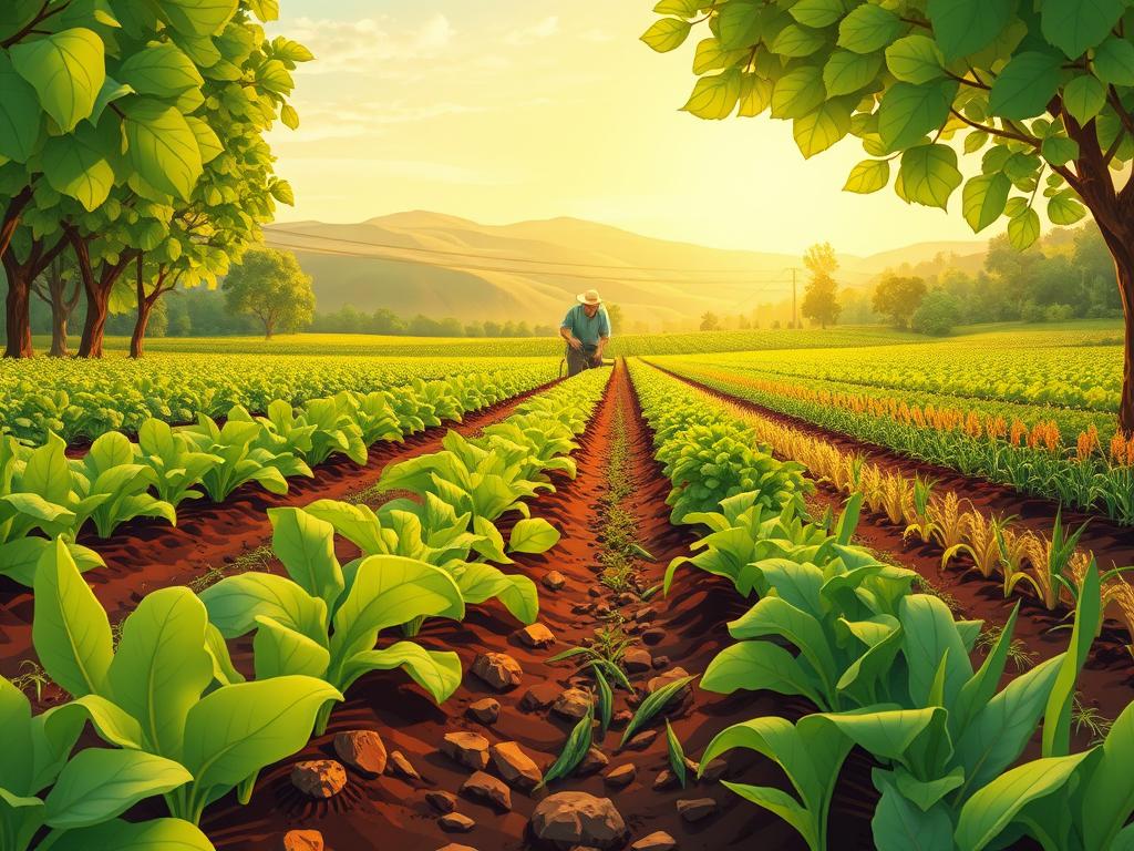 A lush, verdant field filled with a diverse array of crops, their leaves rustling gently in a soft breeze. In the foreground, rows of vibrant vegetables and grains intermingle, their roots nourished by a rich, dark soil abundant with organic matter. Midground, a farmer carefully tends to the land, their hands tilling the earth with a practiced motion. In the background, a serene horizon with rolling hills and a clear sky, bathed in warm, golden light that filters through the canopy of trees. The scene radiates a sense of harmony and sustainability, showcasing the beauty and benefits of eco-friendly crop rotation and organic farming practices.