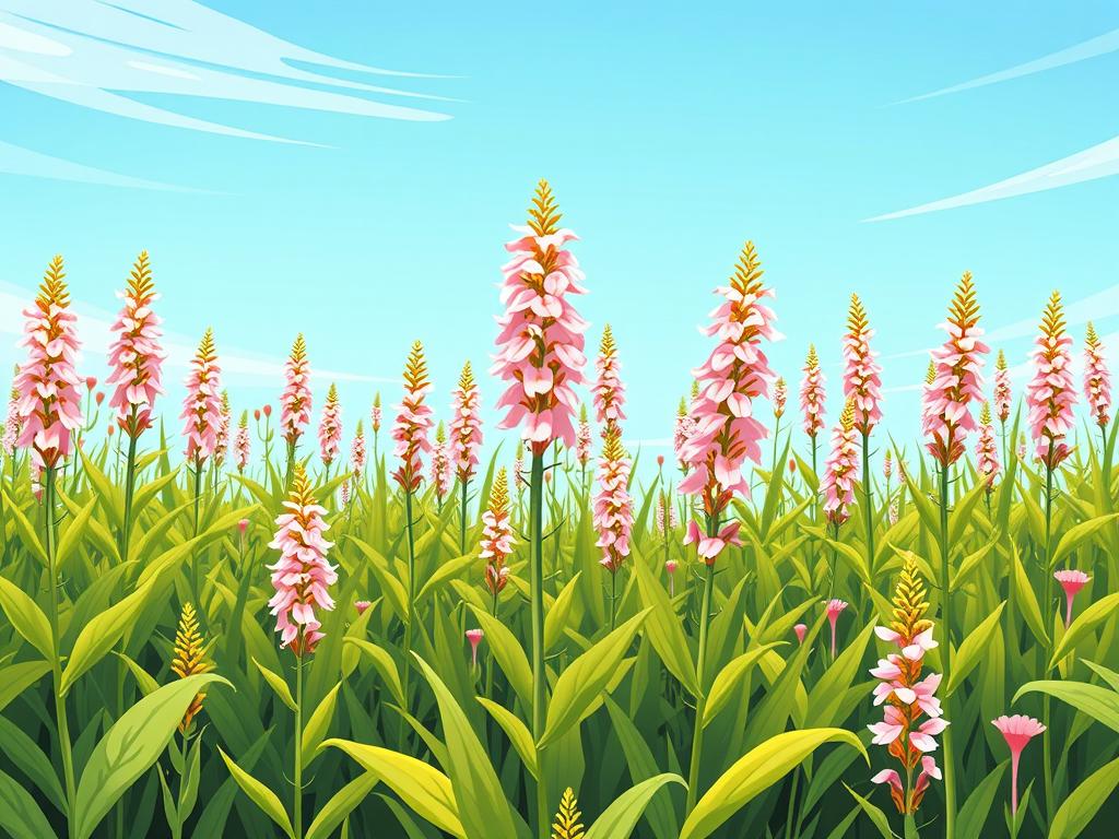 A lush, verdant field of common milkweed plants in full bloom, their delicate pink and white flowers gently swaying in a soft breeze. The plants are arranged in a natural, organic layout, with some standing tall and others growing in clusters, creating a visually appealing composition. The background features a clear blue sky with a few wispy clouds, creating a serene and peaceful atmosphere. The lighting is warm and natural, casting a gentle glow on the flowers and leaves. The camera angle is slightly elevated, providing a panoramic view of the milkweed garden, inviting the viewer to imagine themselves strolling through this bountiful, native plant oasis.