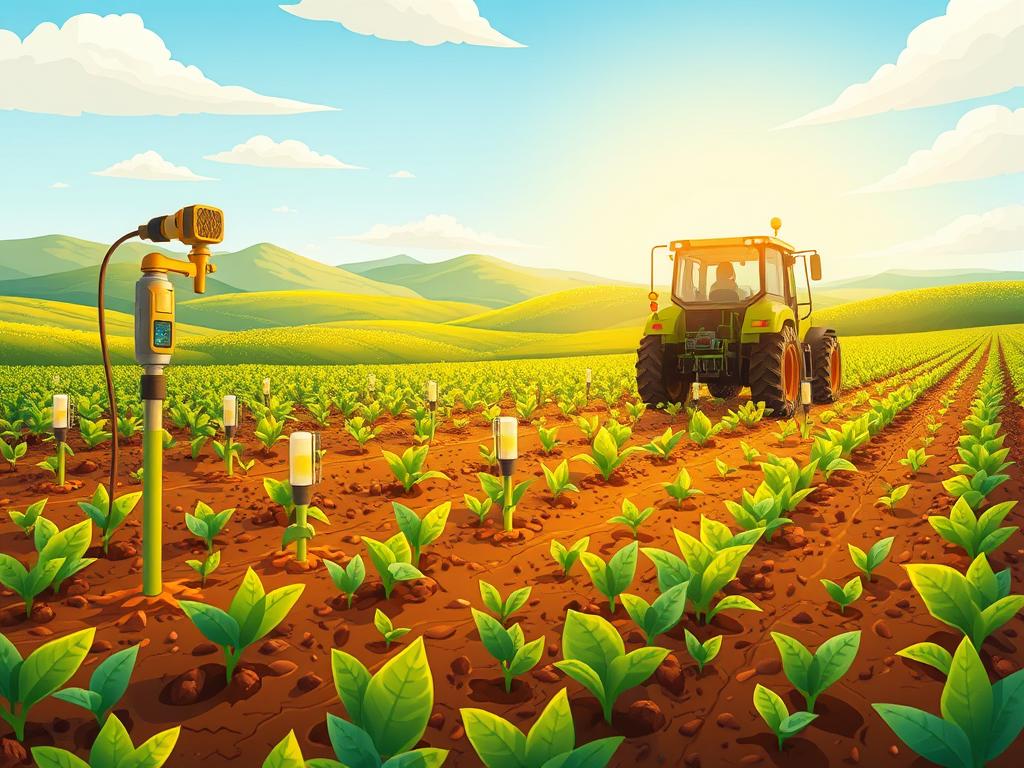 A lush, verdant field of healthy soil, brimming with vibrant microorganisms and nutrient-rich organic matter. In the foreground, a series of advanced soil testing probes and sensors gather data on moisture, pH levels, and nutrient composition. In the middle ground, a state-of-the-art soil amendment applicator precisely distributes custom-tailored blends of compost, biochar, and microbial inoculants, nourishing the soil. The background features rolling hills and a bright, sun-dappled sky, conveying a sense of natural harmony and sustainable productivity. The scene is illuminated by warm, golden lighting, capturing the innovative spirit of soil health technology.