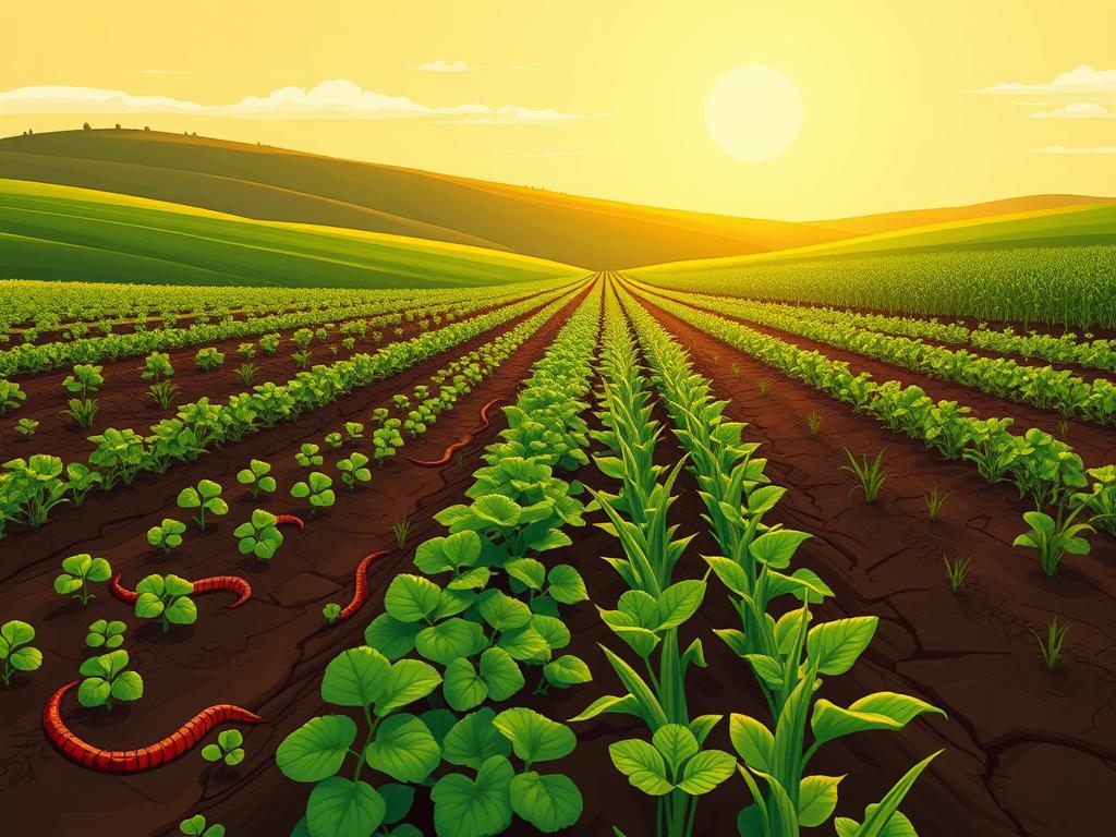 A lush, verdant field under a warm, golden sun, with rows of thriving crops and healthy, dark soil teeming with life. In the foreground, earthworms and beneficial insects burrow through the rich humus, while cover crops like clover and vetch carpet the ground, fixing nitrogen and improving soil structure. The middle ground features a diverse array of deep-rooted plants, their stalks and leaves swaying gently in a light breeze. In the background, rolling hills and a cloudless sky create a serene, picturesque landscape, reflecting the harmony of a well-managed, regenerative agroecosystem.