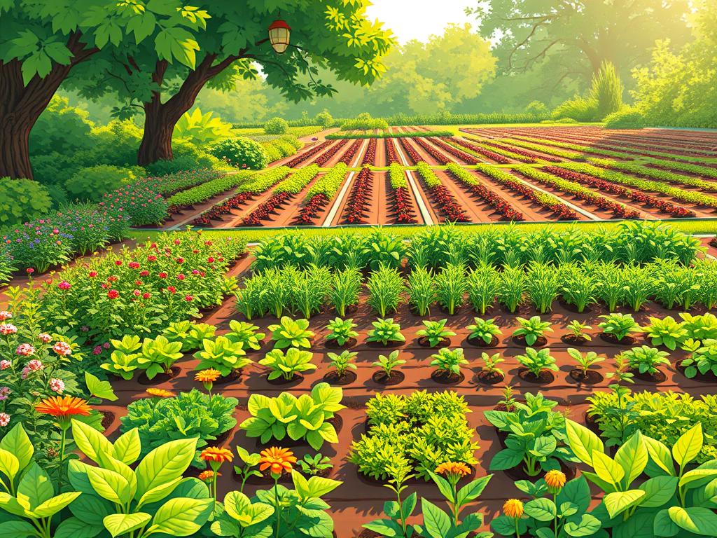 A lush, verdant garden bed in the midsummer sun, showcasing a carefully planned succession planting schedule. In the foreground, rows of vibrant leafy greens and tender herbs are interspersed with bright, blooming flowers. The mid-ground features rows of maturing vegetables in various stages of growth, from seedlings to near-harvest specimens. In the background, a patchwork of recently sown beds and empty spaces, ready to be filled with the next wave of plantings. Dappled light filters through the canopy of surrounding trees, casting a warm, naturalistic glow across the scene. The overall composition conveys a sense of abundant, intentional productivity, harnessing the power of continuous, overlapping harvests.