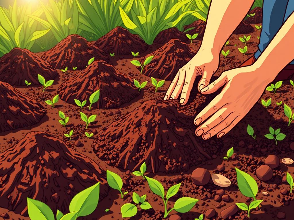 A lush, verdant garden bed, with mounds of rich, dark brown mushroom compost spread evenly across the soil. Close-up view, highlighting the textured, nutrient-dense material. Sunlight filters through, casting a warm, golden glow. Gardener's hands carefully incorporate the compost into the earth, blending it seamlessly. Textured, organic details are emphasized, conveying the natural, earthy essence of the scene. A sense of care and attention to detail permeates the image, reflecting the importance of proper mushroom soil application for a thriving garden.