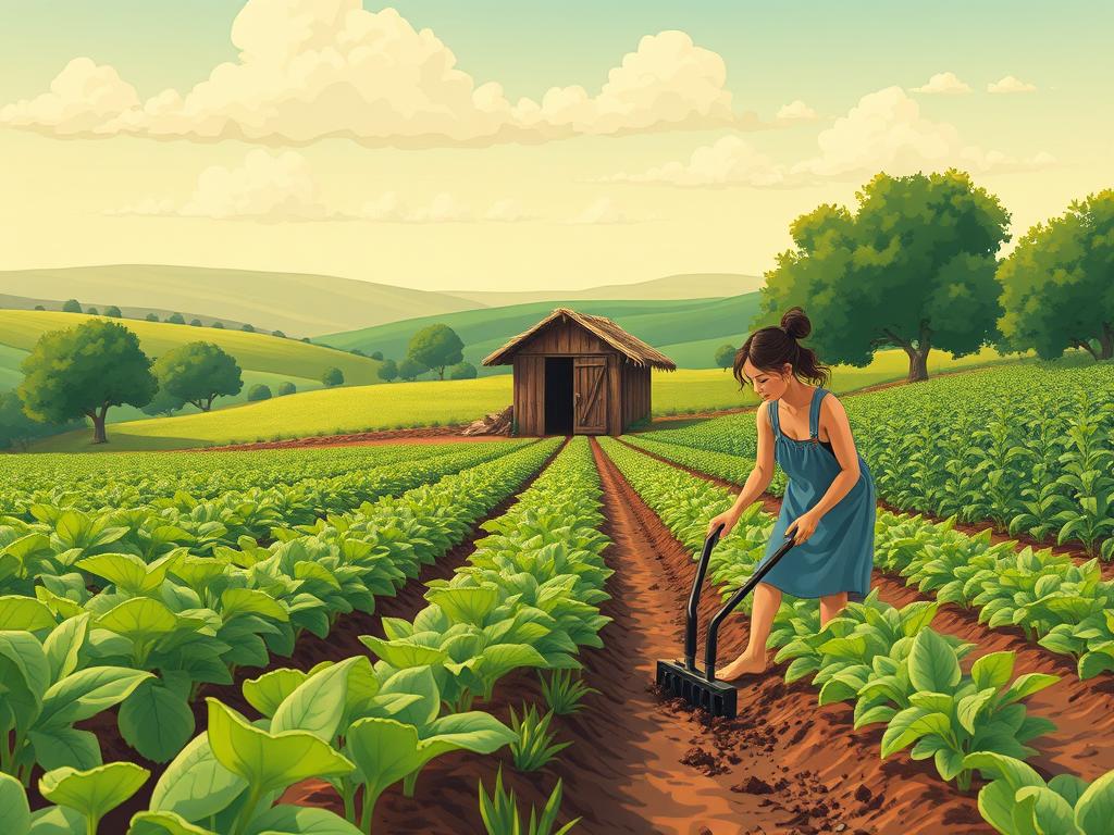 A lush, verdant landscape comes into focus, showcasing the transition from conventional to organic farming practices. In the foreground, a farmer diligently tills the soil, turning it with a hand-held cultivator, her movements graceful and deliberate. Behind her, rows of thriving, vibrant crops sway gently in the warm breeze, their leaves and stems a testament to the healthy, chemical-free growth. In the middle ground, a small shed stands, its weathered wooden panels and thatched roof hinting at a simpler, more sustainable approach to agriculture. The background is framed by a rolling, undulating horizon, dotted with the silhouettes of mature fruit trees and the soft, cumulus clouds overhead, casting a golden, natural light upon the scene. The overall atmosphere is one of harmony, balance, and a deep reverence for the land.