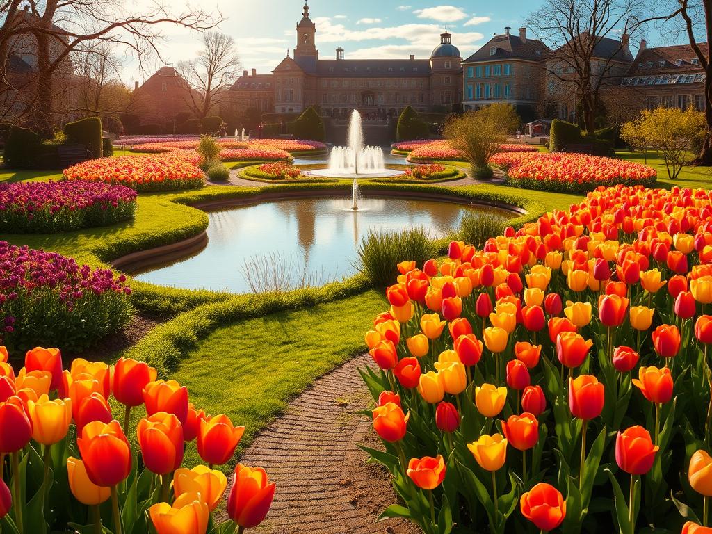 A lush, vibrant garden bursting with vibrant tulips in full bloom, set against the picturesque backdrop of the Keukenhof in the Netherlands. The foreground features a meandering path winding through rows of multicolored tulips, their petals swaying gently in the soft breeze. In the middle ground, serene ponds and fountains reflect the blooms and the azure sky above. The background is dominated by the elegant, historic architecture of the Keukenhof, its charming buildings and greenery creating a serene, idyllic atmosphere. Warm, golden sunlight filters through the scene, casting a magical glow and highlighting the intricate details of the tulips. The overall composition conveys the iconic, quintessential essence of the Keukenhof garden, a true floral paradise in the heart of Europe.