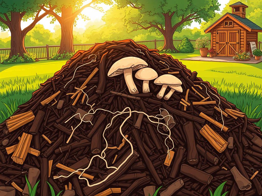 A lush, well-tended mushroom compost pile sits in a serene garden setting. In the foreground, a mix of decomposing organic matter, including straw, manure, and wood chips, forms a rich, dark-brown substrate. Delicate mushroom mycelium threads wind through the compost, hinting at the bountiful fungi to come. The middle ground features a few mature mushrooms emerging from the soil, their caps gently unfurling. Warm, golden sunlight filters through the surrounding trees, casting a soft, natural glow over the scene. The background features a verdant, well-manicured lawn and a picturesque garden shed, conveying a sense of harmony and the benefits of using nutrient-dense mushroom compost to enrich the soil.