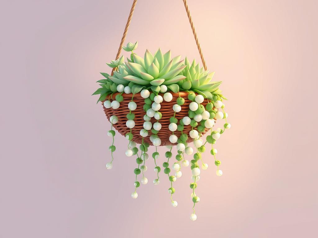 A meticulously arranged hanging basket display, the centerpiece a lush, cascading "String of Pearls" succulent. Delicate strands of pearls trail gracefully from a woven, natural-toned basket, accented by a mix of complementary greenery. Soft, diffused lighting gently illuminates the scene, creating a serene, almost ethereal atmosphere. The composition is balanced, drawing the eye to the pendant pearls and their elegant, flowing form. A visually captivating and inspirational display, perfect for showcasing this charming, low-maintenance houseplant.