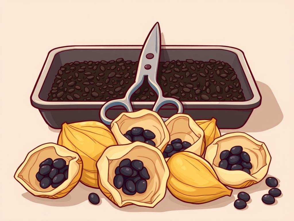 A neatly arranged still life of daylily seed preparation materials. In the foreground, a selection of ripe daylily seed pods, their papery husks split open to reveal the glistening black seeds within. In the middle ground, a pair of delicate gardening shears, their blades reflecting the warm studio lighting. Behind them, a shallow tray filled with a mix of potting soil and vermiculite, ready to receive the freshly harvested seeds. The overall composition is crisp and clean, with a soft, muted color palette that evokes the natural beauty of the daylily plant.